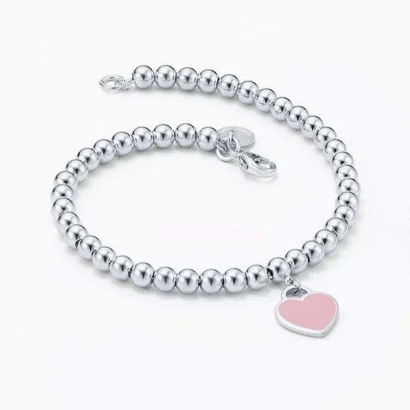 TIFFANY Pink Heart Tag Bead Bracelet in Silver, 4mm 💗 - Picture 3 of 15